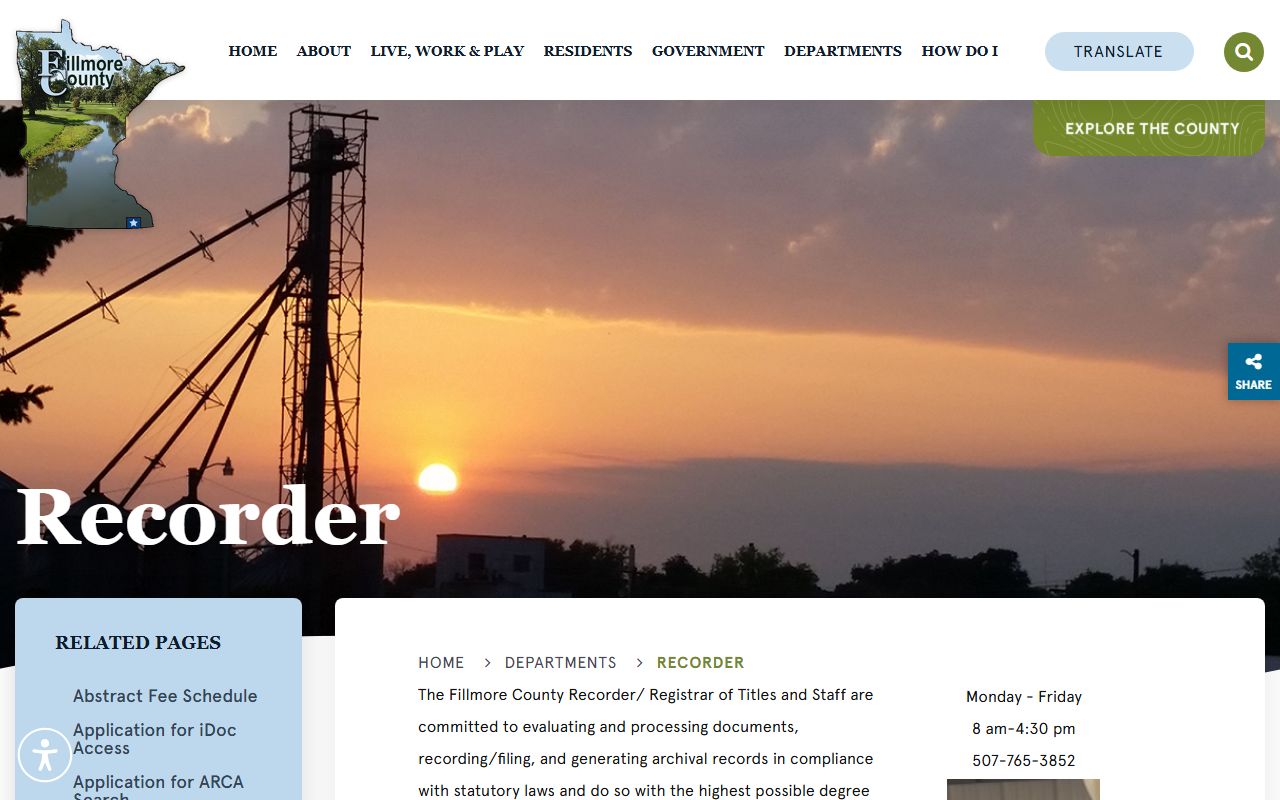 Fillmore County Recorder page with iDoc and Arca archive information