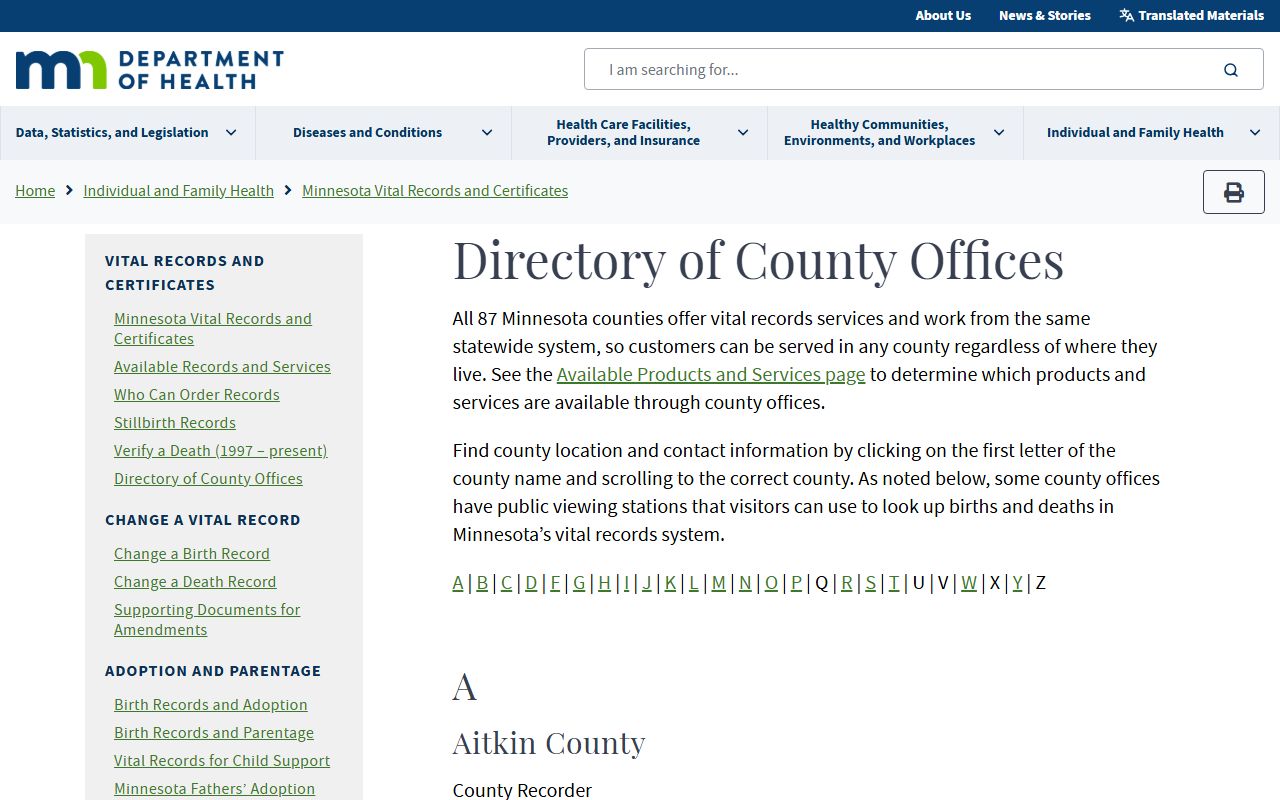 Minnesota Department of Health county registrars directory for local vital records contacts