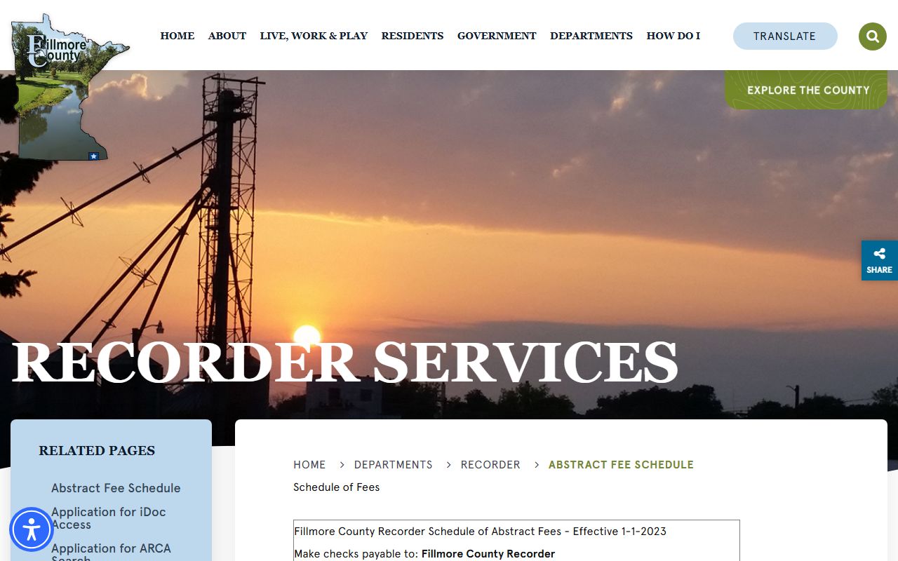 Fillmore County Recorder abstract fee schedule