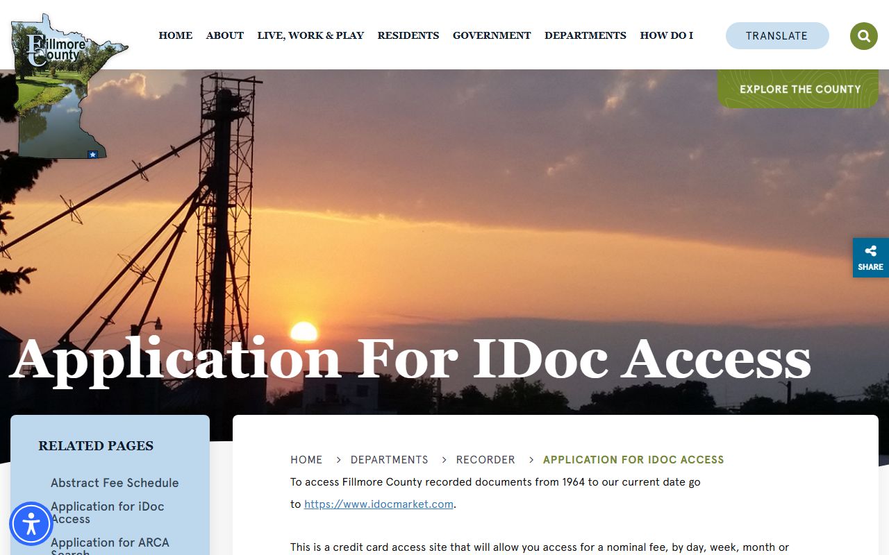 Fillmore County Recorder iDoc access page for recorded documents from 1964 to current