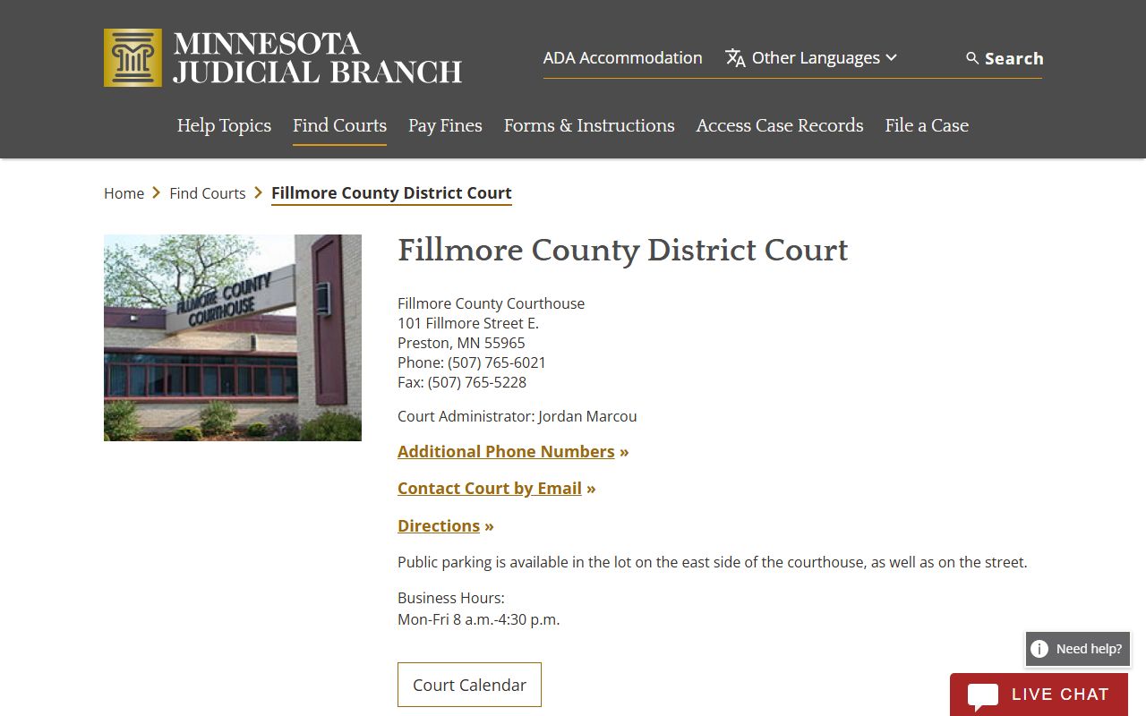 Fillmore County court dockets District Court calendar page