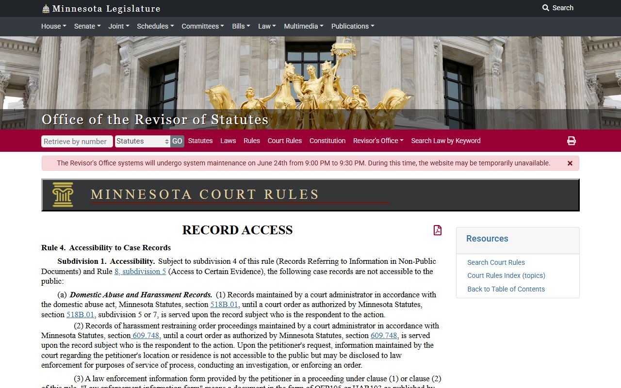 Fillmore County court records public access Rule 4