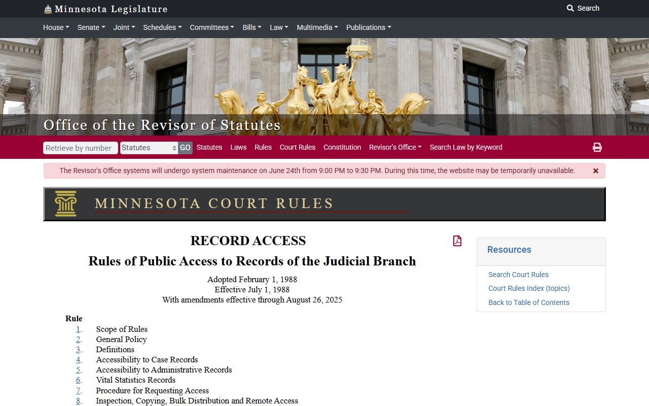 Fillmore County court records public access rules table