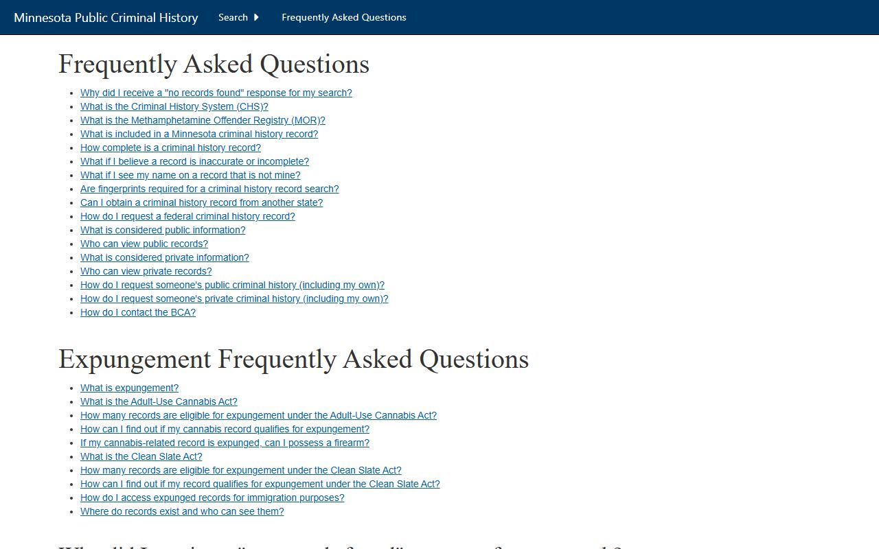 Fillmore County criminal court records BCA criminal history FAQ