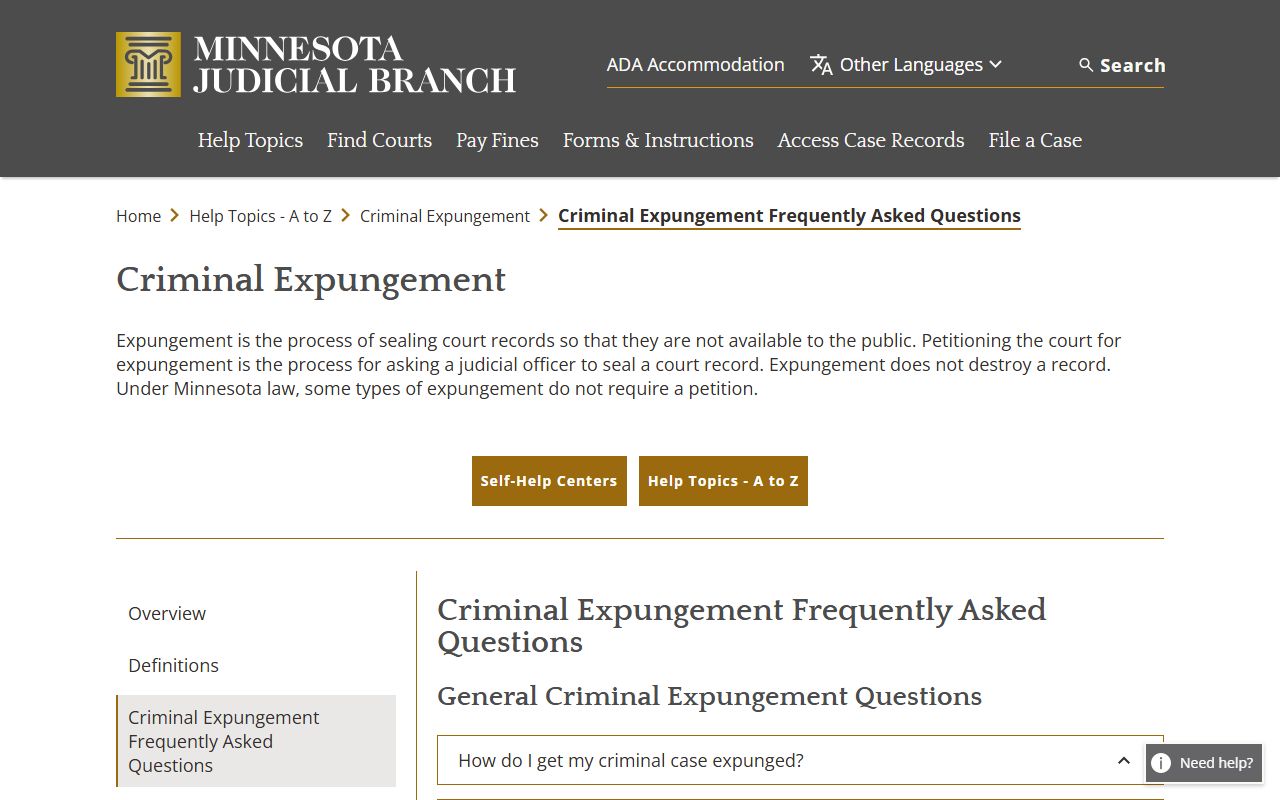 Fillmore County criminal court records criminal expungement FAQ