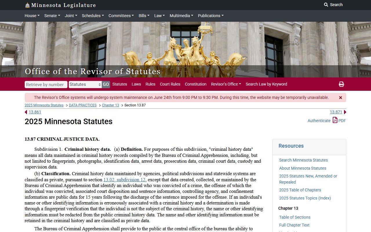 Fillmore County District Court criminal history data statute