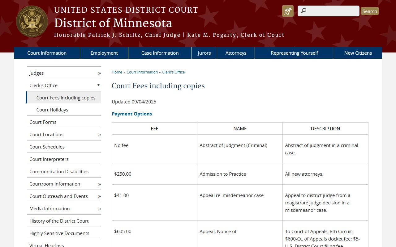 Fillmore County District Court federal court fee context