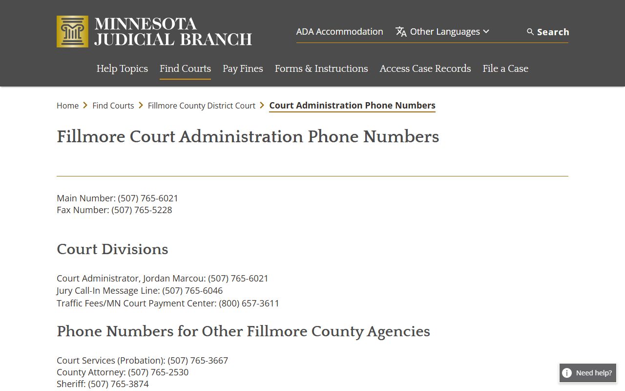 Fillmore County court records contact information