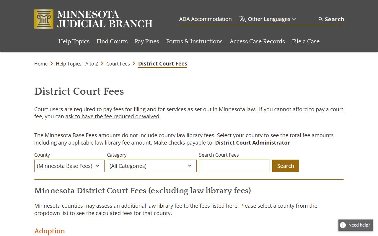 Fillmore County court records district court fee information