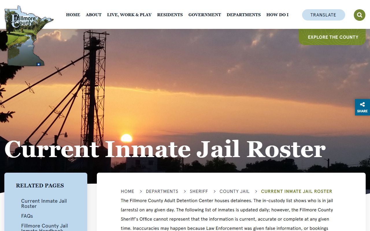 Fillmore County inmate records current inmate jail roster page