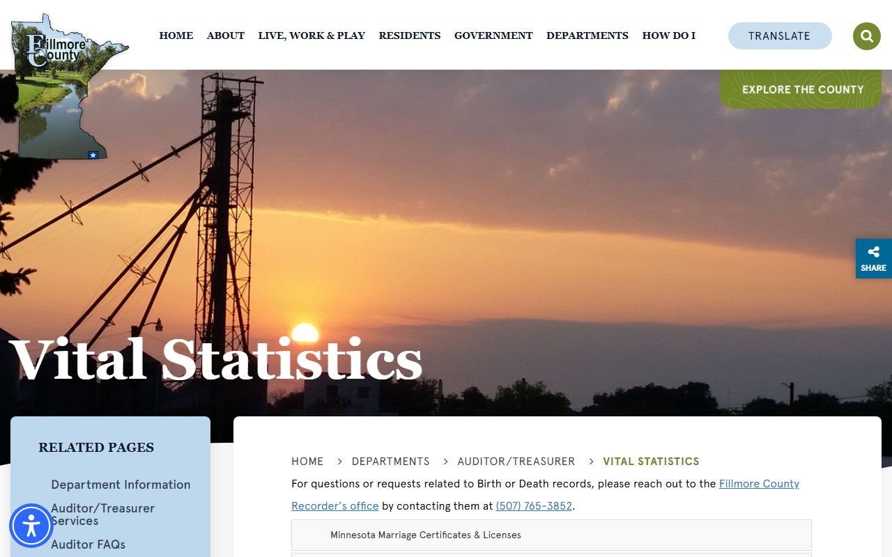 Fillmore County vital statistics page for marriage license requirements and certificate fees