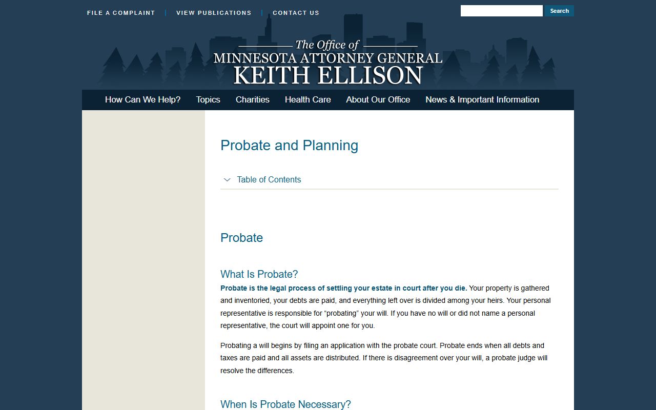 Minnesota Attorney General probate handbook chapter about starting probate
