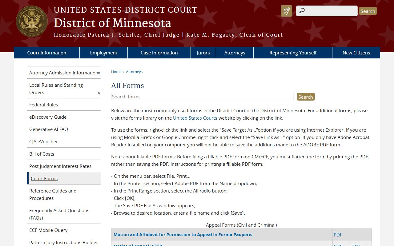 District of Minnesota federal court forms page