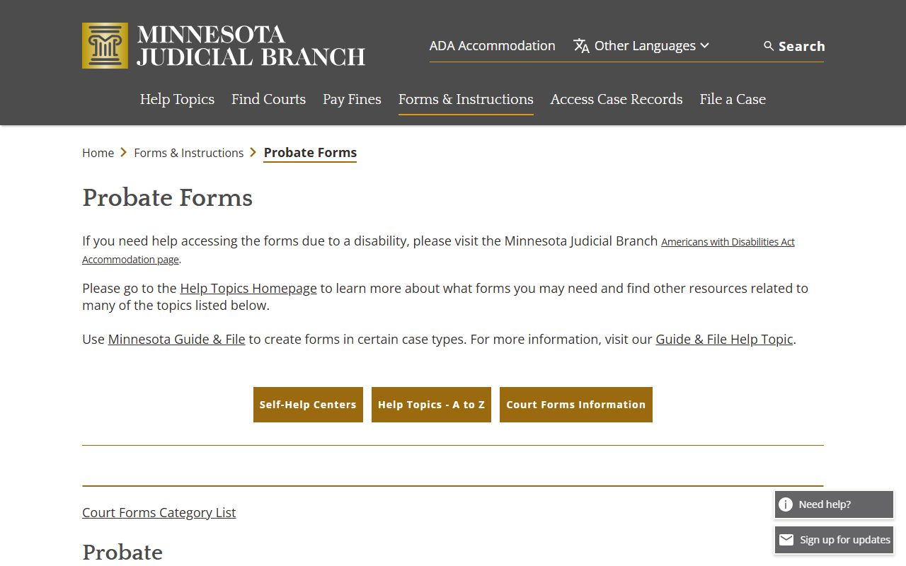 Minnesota Judicial Branch probate forms page for informal and formal probate packets