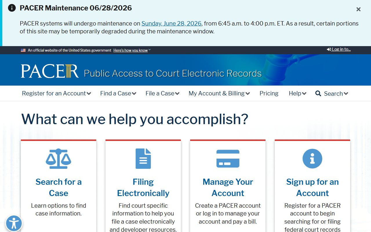 PACER federal case access page