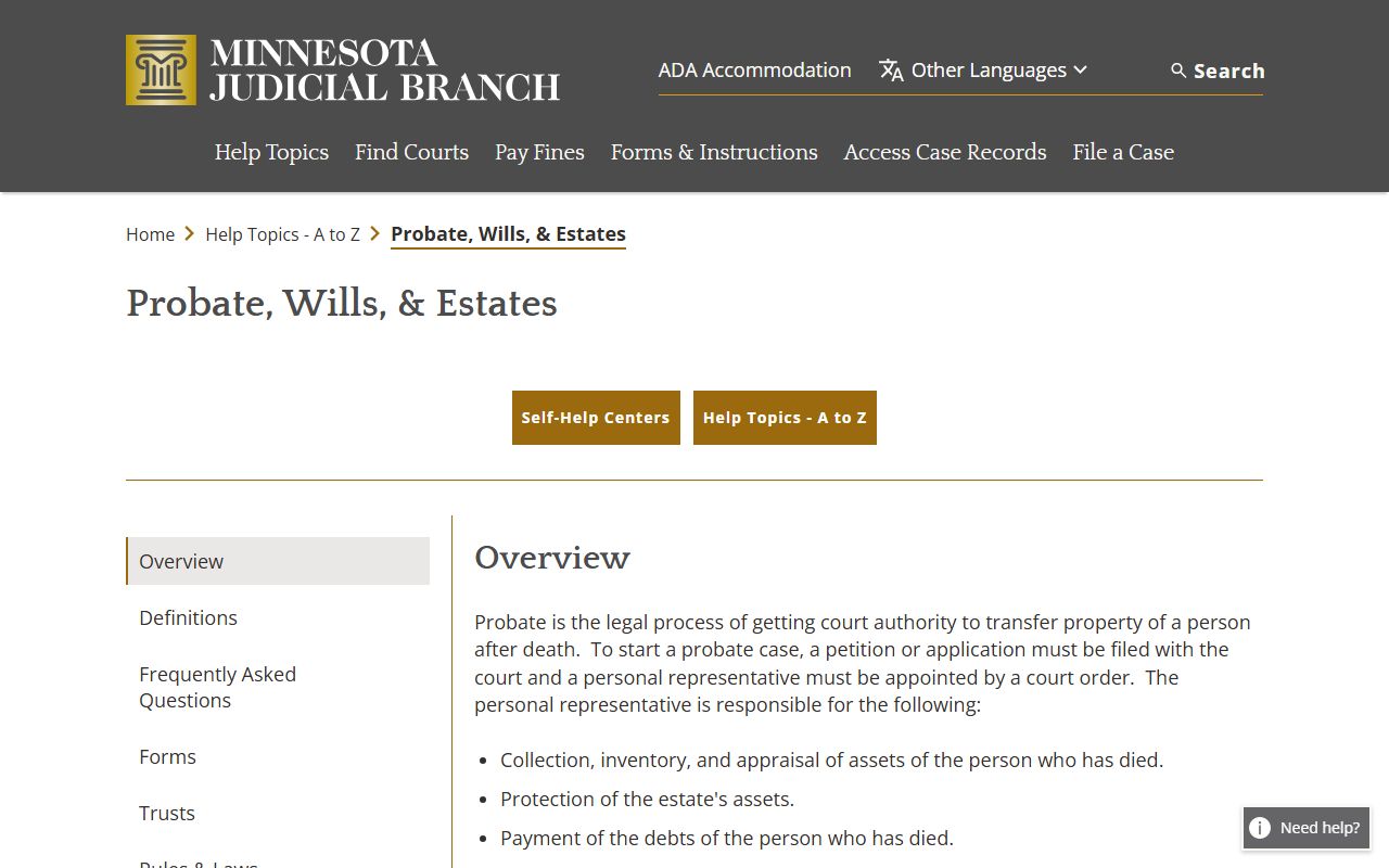 Minnesota Judicial Branch probate wills and estates help topic