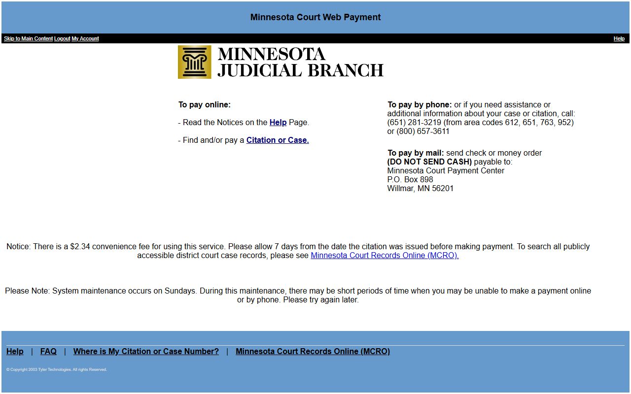Fillmore County traffic court records Minnesota Court Web Payment portal