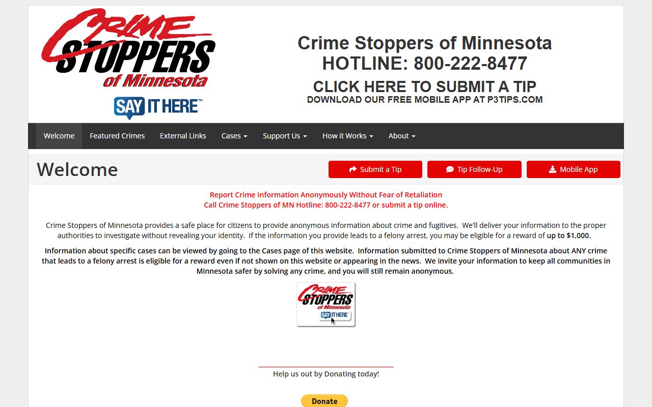 Fillmore County warrant records Crime Stoppers Minnesota tip channel